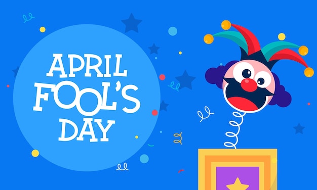 Happy april fools day vector concept con clown, cappello divertente e icone a sorpresa