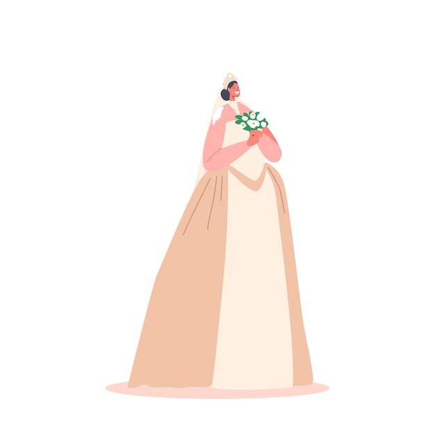 ベクトル 長いドレスとティアラの幸せなアラブの花嫁のキャラクターは、白い背景のイスラムの結婚式で隔離の花束を保持します