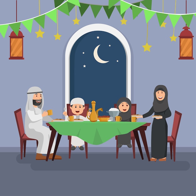 Vettore famiglia araba felice che gode di iftar