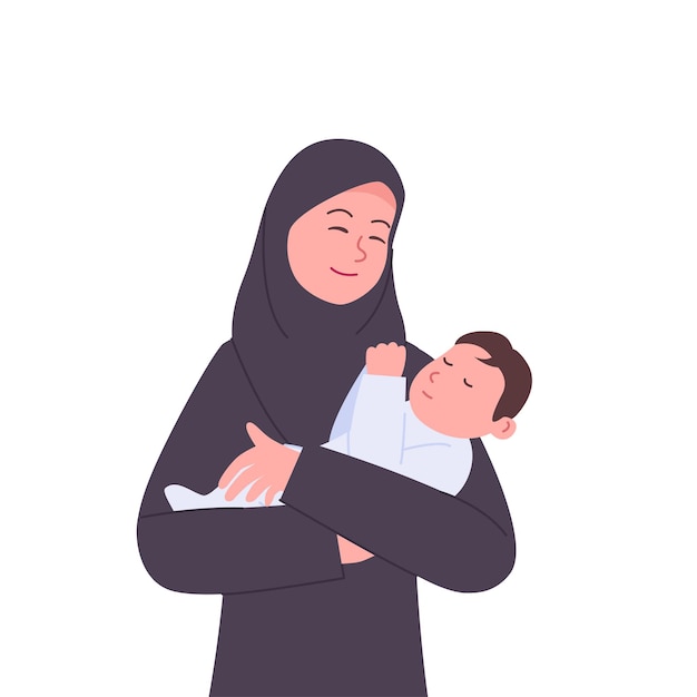 Vector happy arabian mother holding a newborn baby