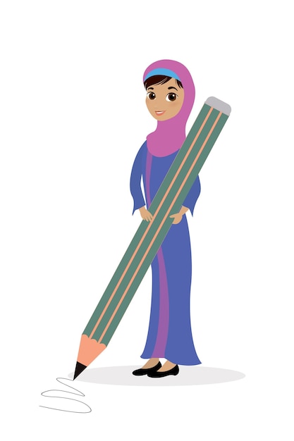 Happy arabic schoolgirl with big pencil cute muslim female character in traditional clothes