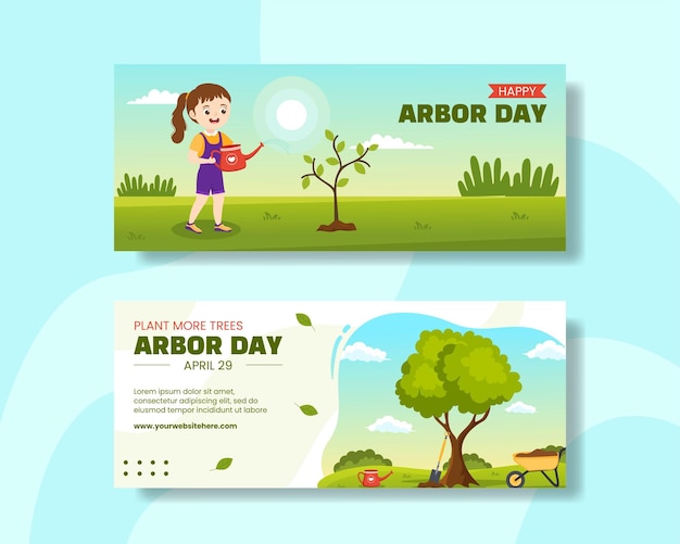 Happy Arbor Day Horizontal Banner Flat Cartoon Hand Drawn Templates Background Illustration