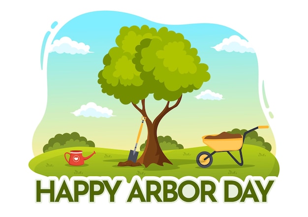 Illustrazione di happy arbor day con albero verde e ambiente naturale in modelli disegnati a mano