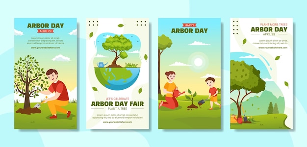 Happy Arbor Day Social Media Stories Cartoon Hand Drawn Templates Background Illustration