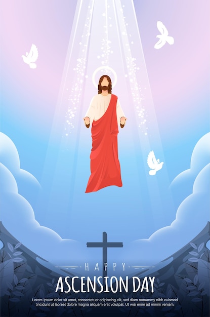 Felice giorno dell'ascensione design con gesù cristo in cielo illustrazione vettoriale sacrificio del messia