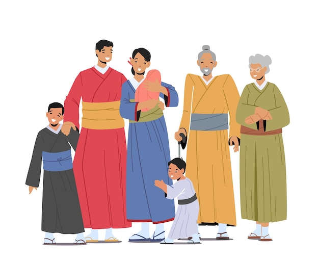 벡터 행복한 아시아 가족 웃고 있는 젊고 오래된 남녀 캐릭터 부모 조부모와 아이들은 기모노 드레스를 입는다