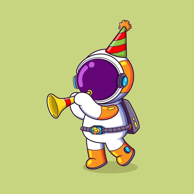 The happy astronaut is holding the trumpet and celebrating the new year day