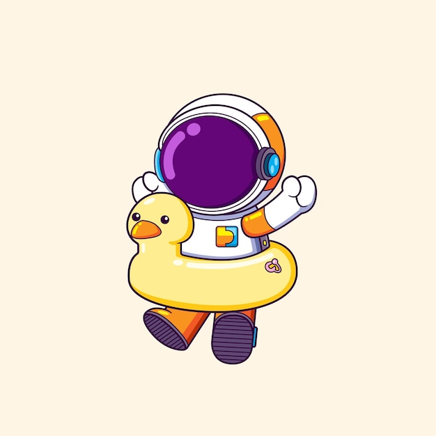 The happy astronaut is wearing the duck rubber for swimming