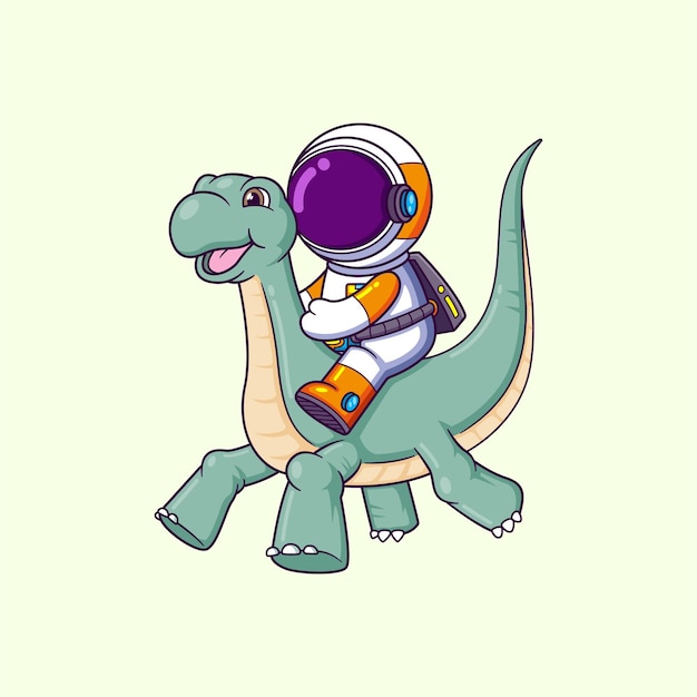 Astronauta felice che cavalca un caricatura di un bambino dinosauro carino