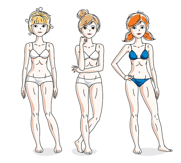 Happy attractive young women standing in colorful bikini. Vector people illustrations set. Slim female with perfect body.