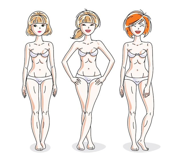 Vettore giovani donne attraenti felici che stanno in biancheria intima bianca. insieme di illustrazioni di persone di diversità di vettore. femmina snella con un corpo perfetto.