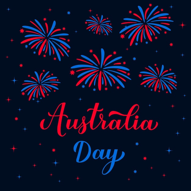 Happy australia day calligraphy hand lettering fireworks in the night sky vector template for banner typography poster greeting card flyer t shirt postcard ecc.