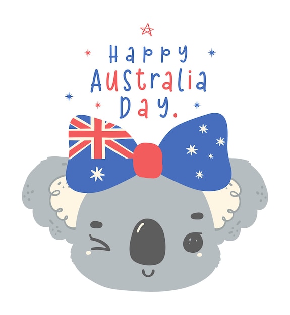 Vector happy australia day koala face with flag bow adorable animal celebrate australian nation day cartoon