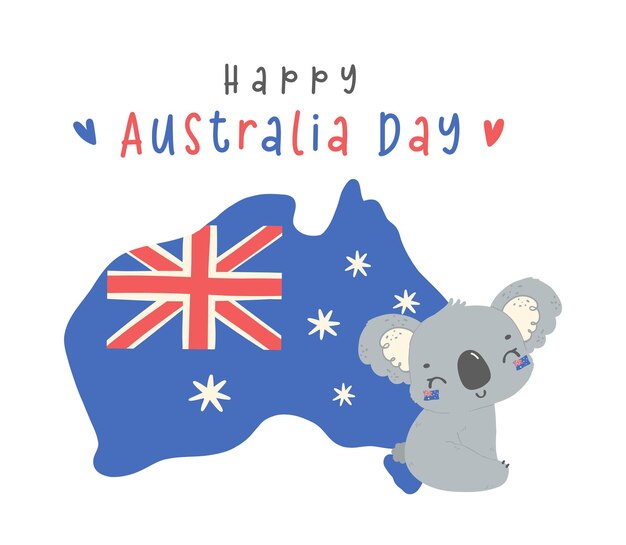 Вектор Счастливый день австралии коала с картой очаровательное дитя животного празднует день австралийской нации мультфильм