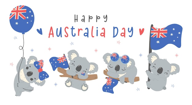 オーストラリアの祝日コアラと国旗 可愛い赤ちゃんの動物がオーストラリアの国記念日のバナーを祝う