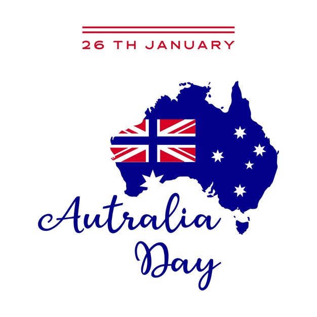 Happy Australia day lettering Map of Australia with flag Vector illustration Celebration poster
