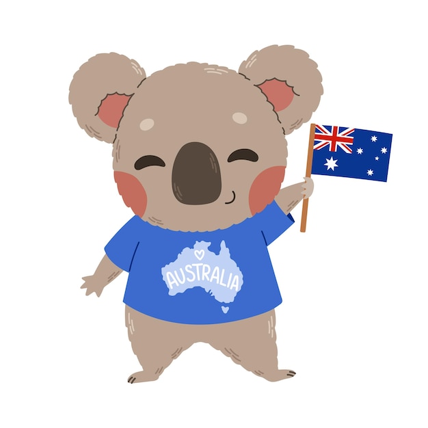 毎年 1 月 26 日に観察される幸せなオーストラリアの日フラット漫画手描きのフラグとコアラ