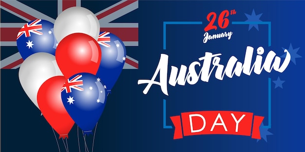 Happy Australia Day poster of kaart ontwerp. Handgeschreven letters, Australische 3D geïsoleerde ballonnen.