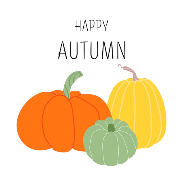 Happy autumn card Hand drawn pumpkins on white background Vector harvest autumn design element