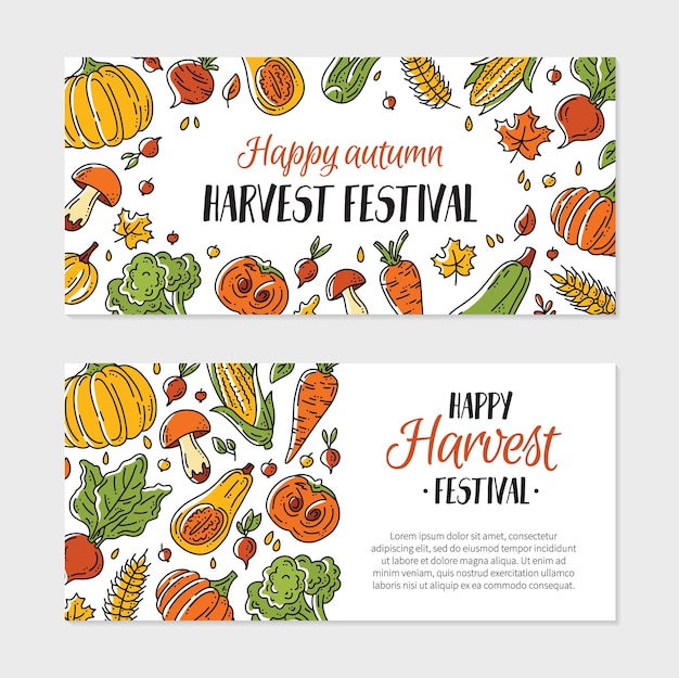 happy autumn harvest festival vector flyer template with vegetables in the doodle style