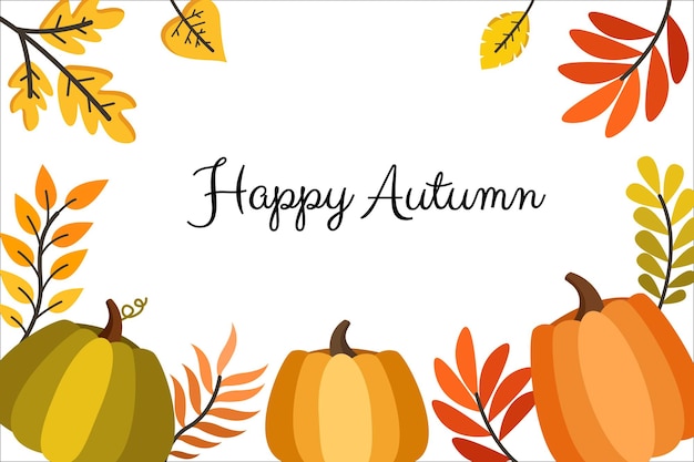 Happy autumn-letters met herfstelementen, pompoenen en bladeren