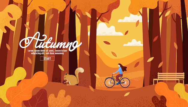 幸せな秋、感謝祭、秋の庭で自転車に乗る女性。