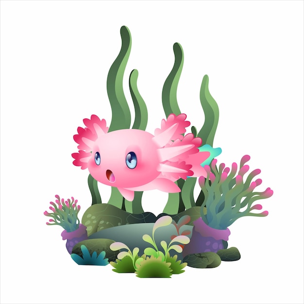 Vector happy axolotl swimming illustration, cute pink salamander