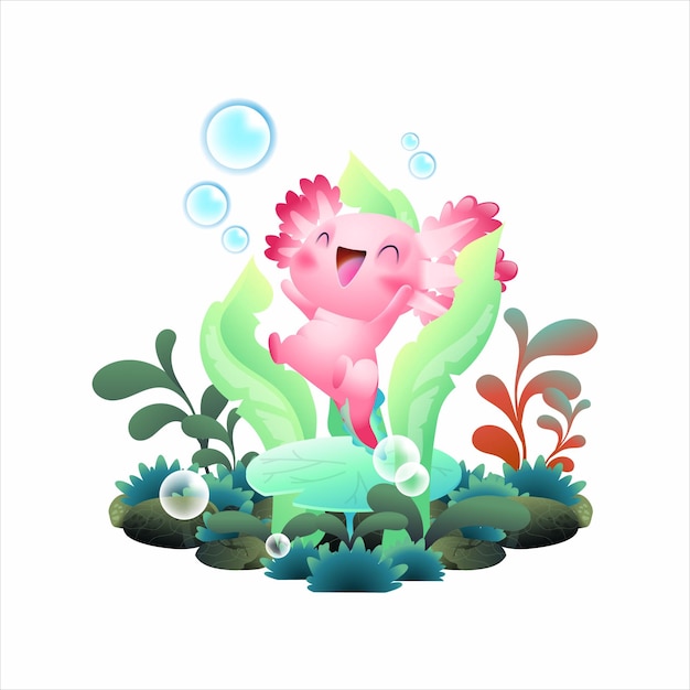 Felice illustrazione vettoriale axolotl, carina salamandra rosa