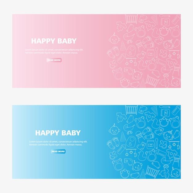 Happy baby-banner met een reeks lineaire tekens op een blauwe en roze achtergrond