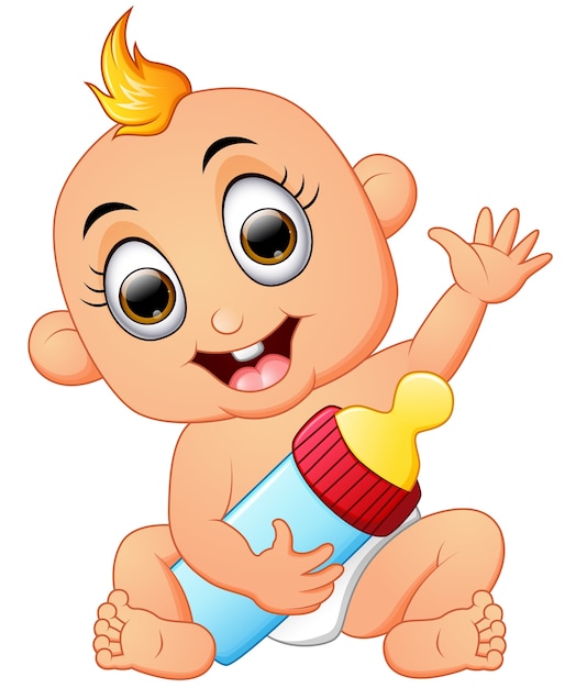 Vector happy baby cartoon holding milk bottle