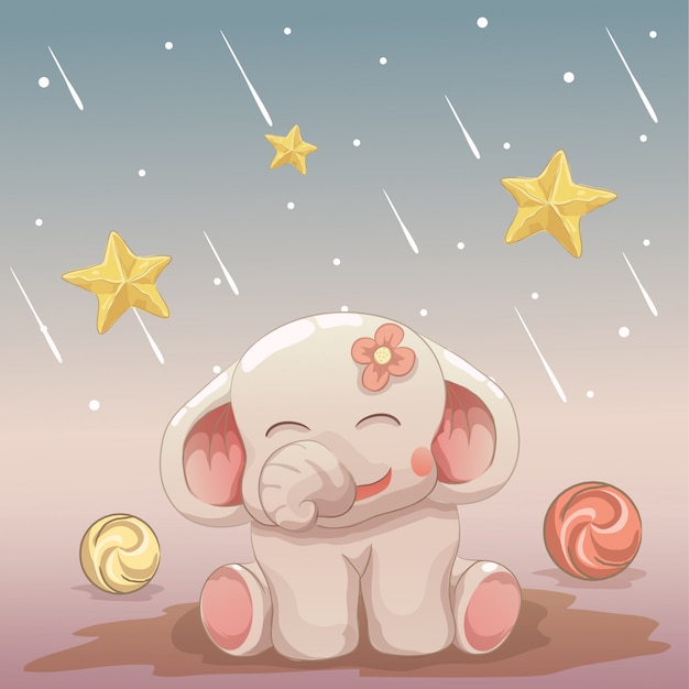 happy baby elephant looking at the falling stars