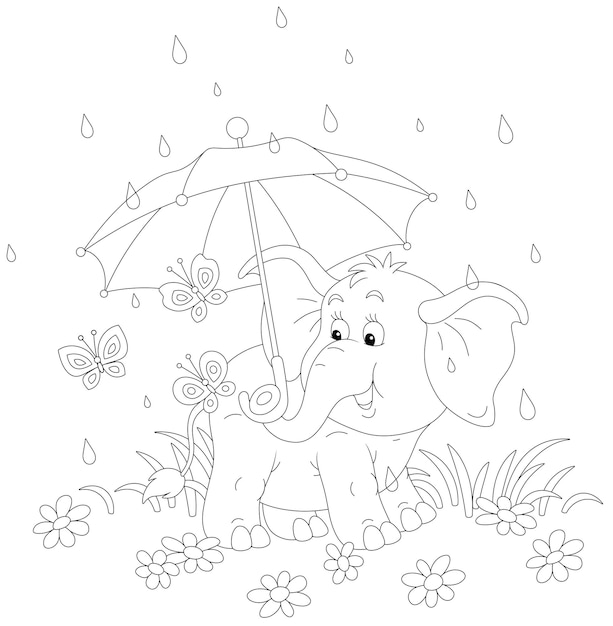 Elefantino felice e allegre farfalle che si nascondono da una pioggia sotto un ombrello giocattolo tra i fiori