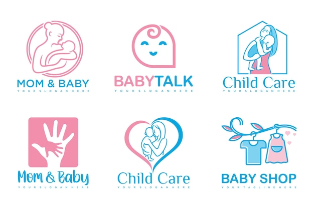 Vector happy baby and mother icon set logo designbadges for children store baby care centerillustration