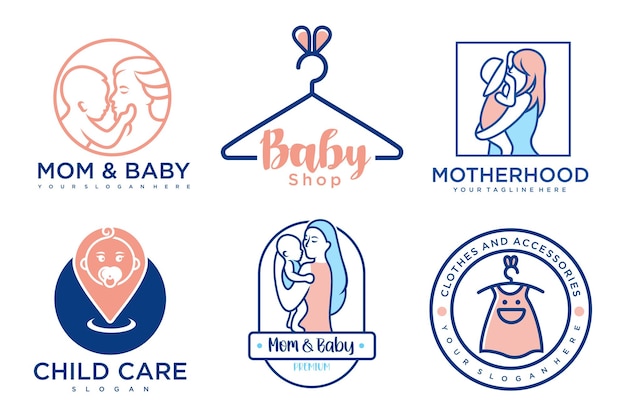 Vector happy baby and mother icon set logo designbadges for children store baby care centerillustration