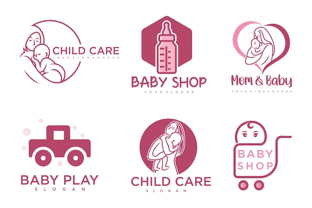 Vector happy baby and mother icon set logo designbadges for children store baby care centerillustration