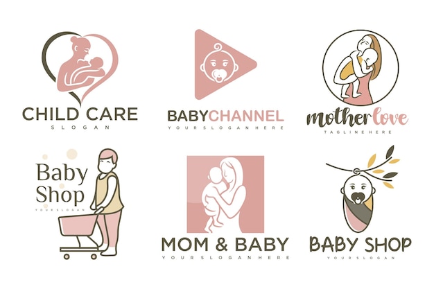 Felice bambino e madre icon set logo designbadge per bambini negozio baby care centerillustration