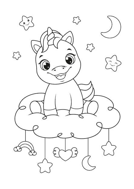 Happy baby unicorn sitting on the cloud coloring page