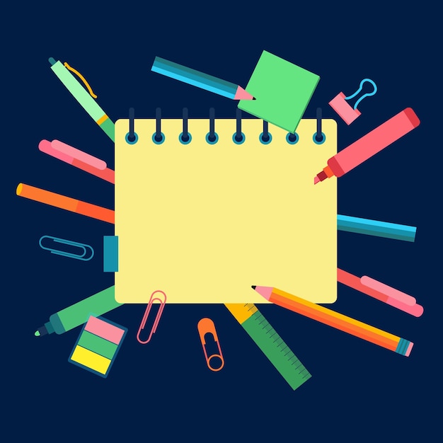 happy back to school background illustration composed of highlighters pens pencils and notebooks