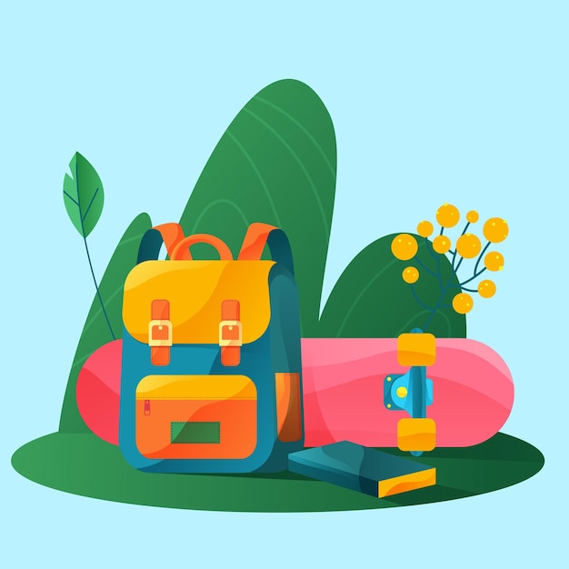 バックパックスケートボードそして本を特徴とする学校のグラディエントイラストにハッピーバック
