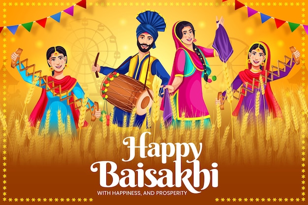 Happy baisakhi festival background banner template and typography group of people dancing in fair