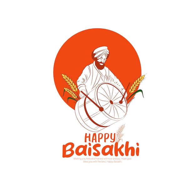 Felice intestazione baisakhi o banner design. festival punjabi, illustrazione di dhol, spiga di grano.