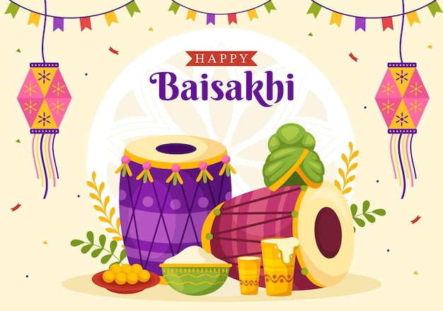 Happy Baisakhi Illustration with Vaisakhi Punjabi Spring Harvest Festival of Sikh celebration