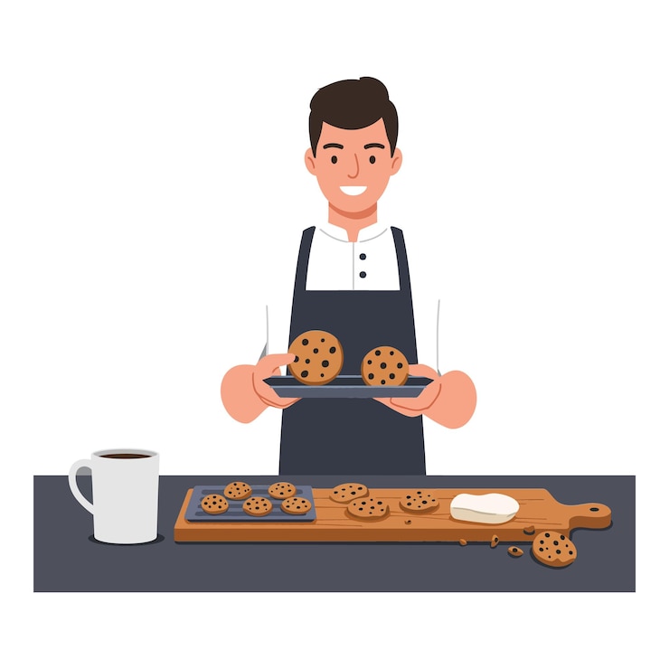 Vector happy baker presenting freshly baked cookies in flat vector art