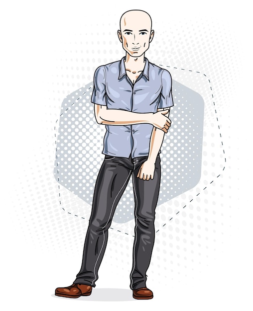 Vector happy bald young adult man standing. vector character wearing casual clothes like jeans and cotton shirt.