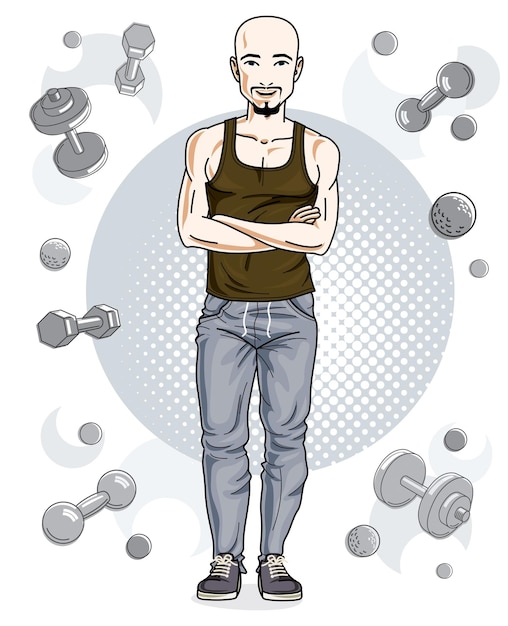 Vector happy bald young adult man with beard and mustaches standing on simple background with dumbbells and barbells. vector character, sport and fitness theme.