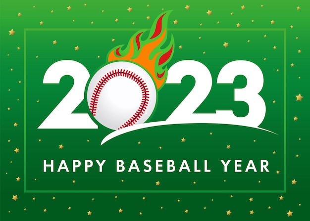 Happy baseball year 2023, green banner. vector sport cover background logo 2023 with ball in fire