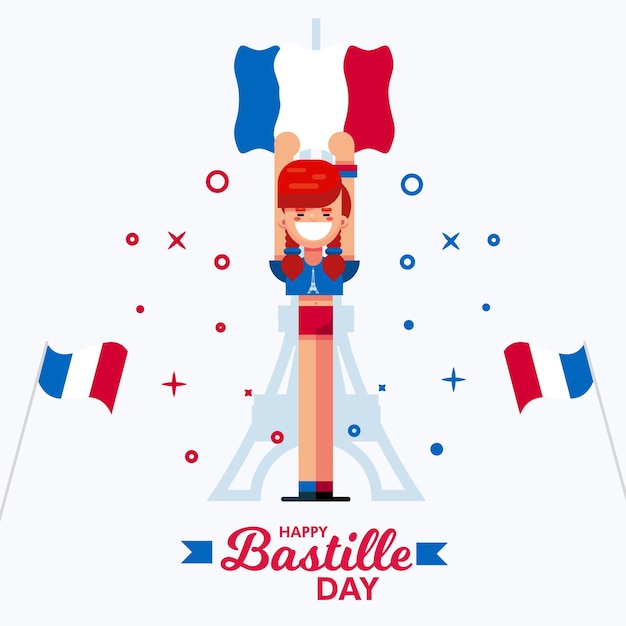 Вектор С днем взятия бастилии 14 июля эйфелева башня национальный день франции девушки люди с плакатом с флагом