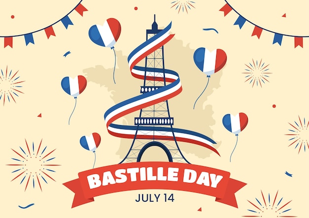 テンプレートでフランス国旗とエッフェル塔を使用した 7 月 14 日のハッピー フランス革命記念日ベクトル イラスト