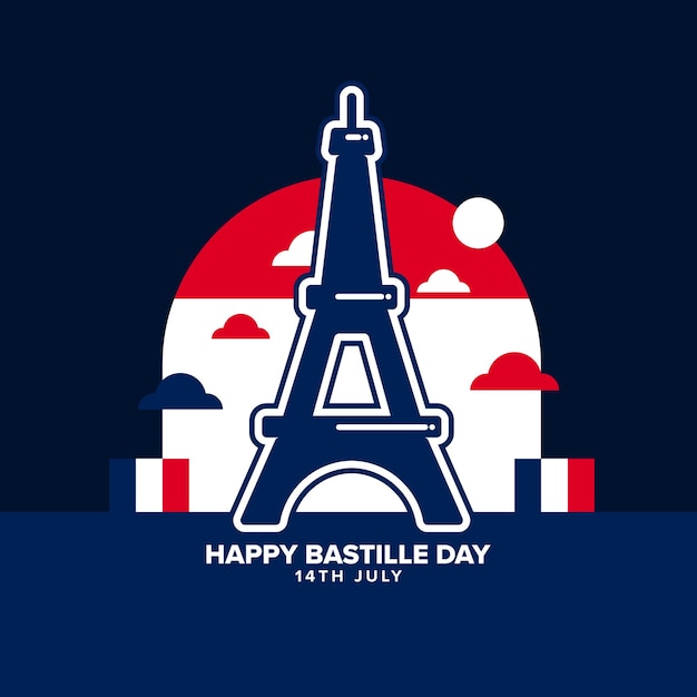 Happy bastille day 14th july celebration with french flags and eiffel tower vector