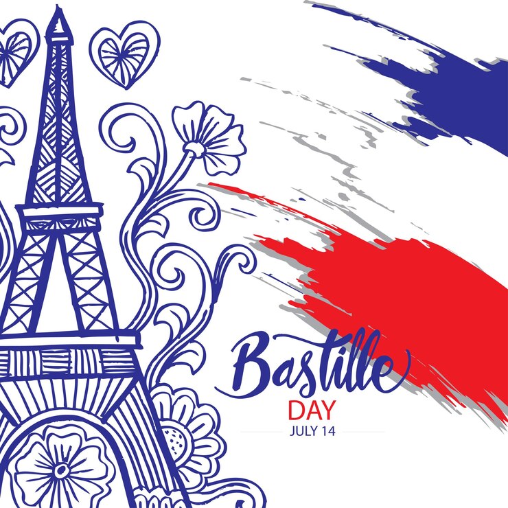 Vector happy bastille day 14th of july holiday greeting card with eiffel tower